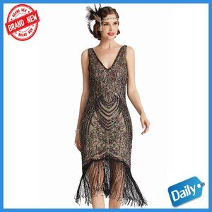 Flapper Dress 1920s V-Neck Beaded Fringe Gatsby Party Dress